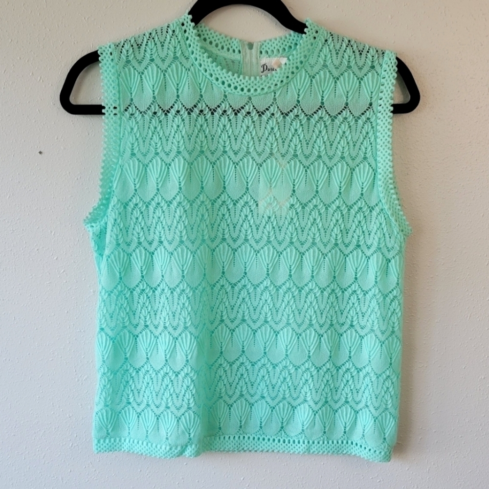 VINTAGE Dorette Knit 50's Blue Green Sleeveless Top Coquette Pin Up Rockabilly